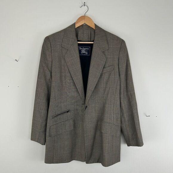 Vintage Burberry Plaid Tan Grey Wool Silk Blazer - Picture 5 of 8